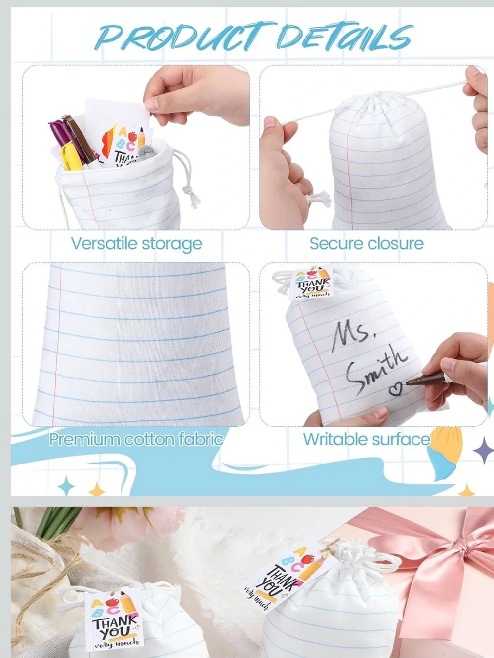 Back to school Drawstring Gift Bags-6 pack